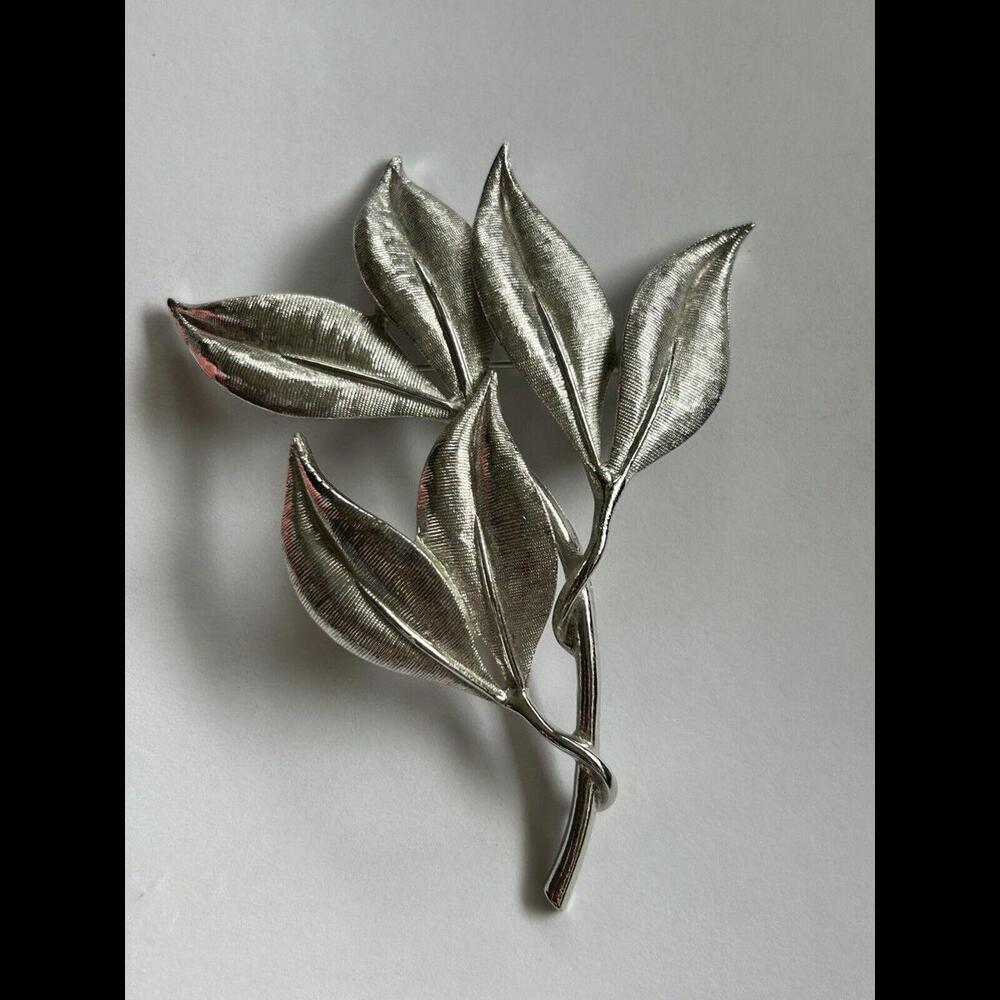 Leaves on Branch Etched EMMONS Huge Vintage Silver Brooch Pin